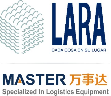 Logos de Estanterías Lara y Master, alianza estratégica en soluciones de almacenamiento automático.